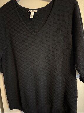 Ella Moss Black Textured V-Neck Short Sleeve Sweater